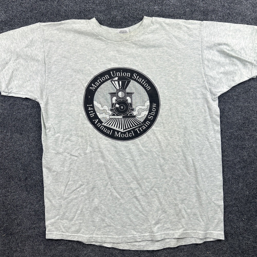 Vintage Marion Union Station Train Locomotive Shirt Size XL - Gray‎